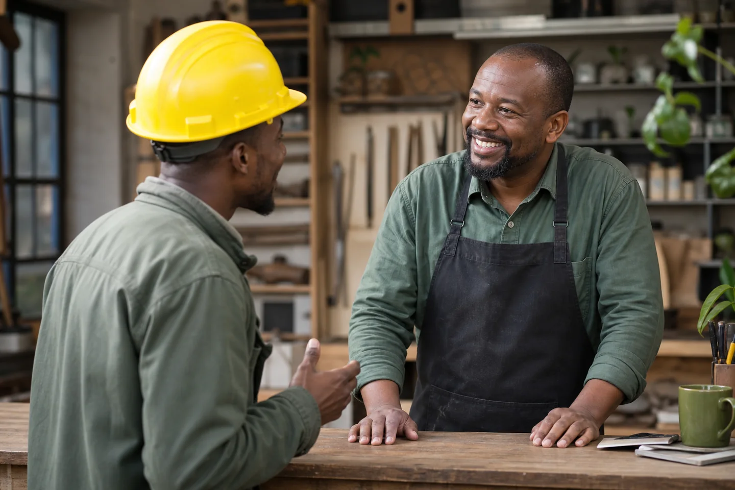 Black customer in a yellow helmet speaking with a small business owner