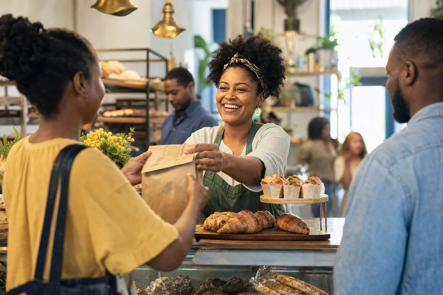 Black small business owner serving customers in her growing bakery